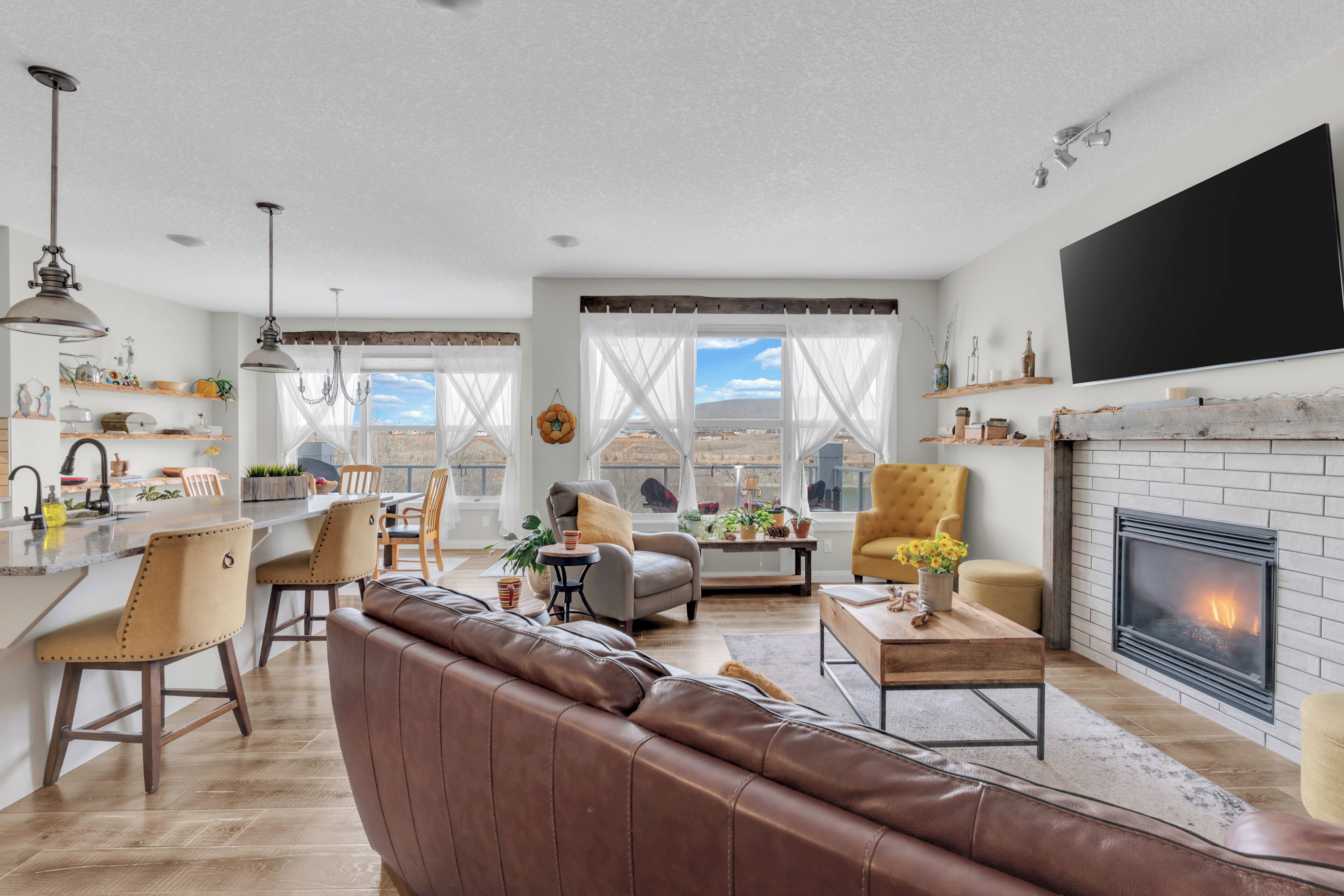 Smart TV, fireplace, books, computer monitors