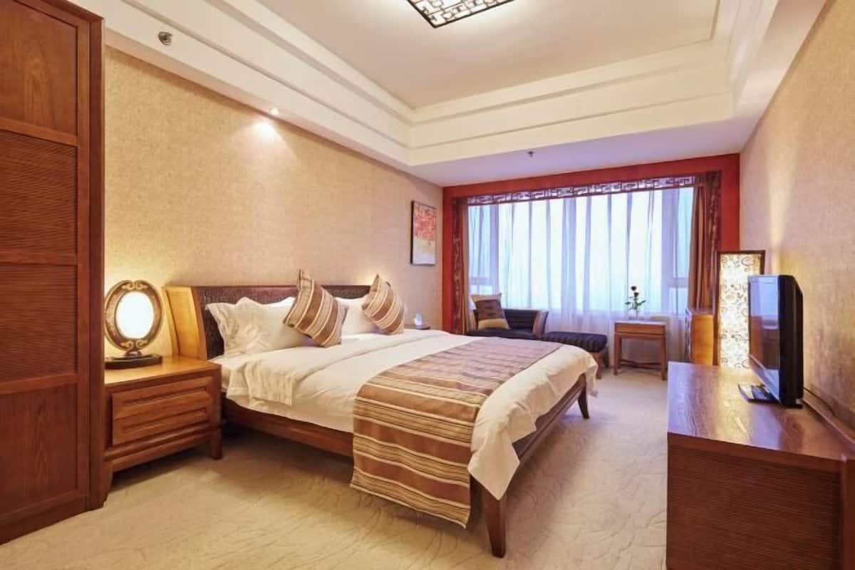 A hotel room with a large bed, bedside tables, a TV, and a window with curtains.
