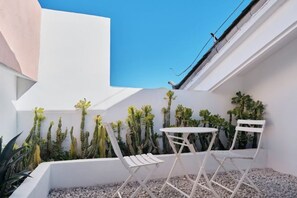 A small outdoor patio with white folding chairs and a table, surrounded by cacti and plants, under a clear blue sky.