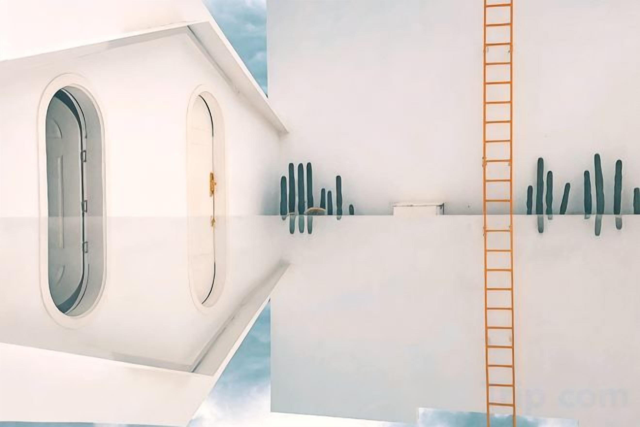 A room with a large window, a ladder, and a wall-mounted object.