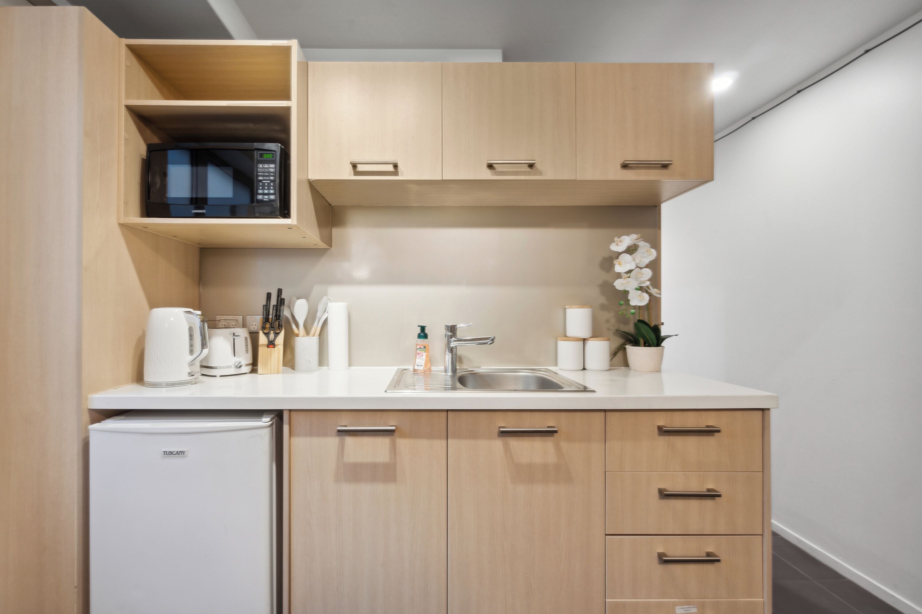 Fridge, microwave, dishwasher, coffee/tea maker