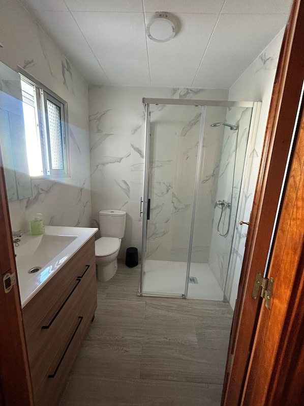 Hair dryer, towels, soap, toilet paper