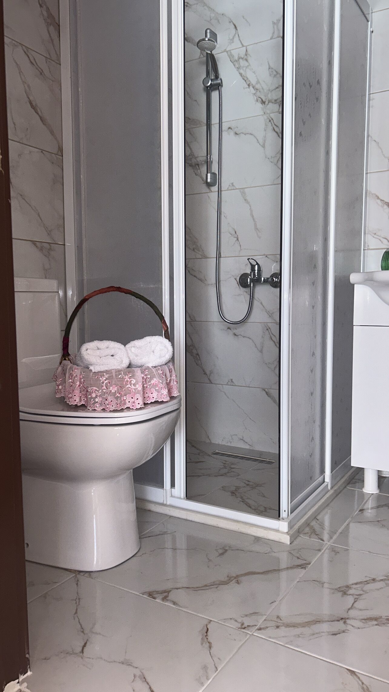 Een badkamer met een douchecabine, een toilet en een wastafel.
