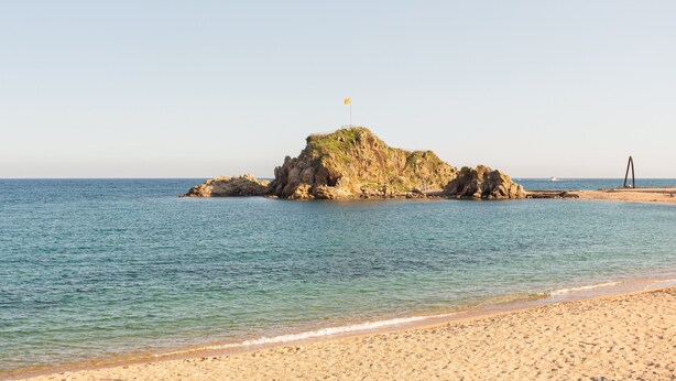 Une plage avec un promontoire rocheux et un drapeau.