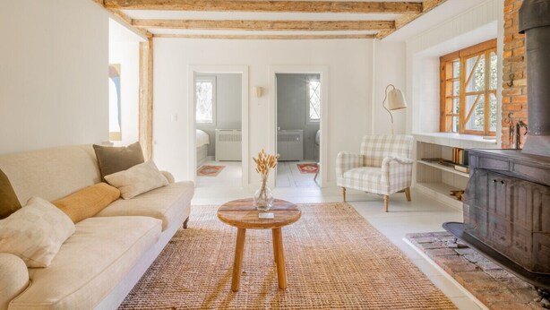 A cozy living room with a sofa, a chair, a small table with a vase, and a fireplace. - 18th Century Cottage w/ heated pool 2 hrs from NYC (Rosendale)
