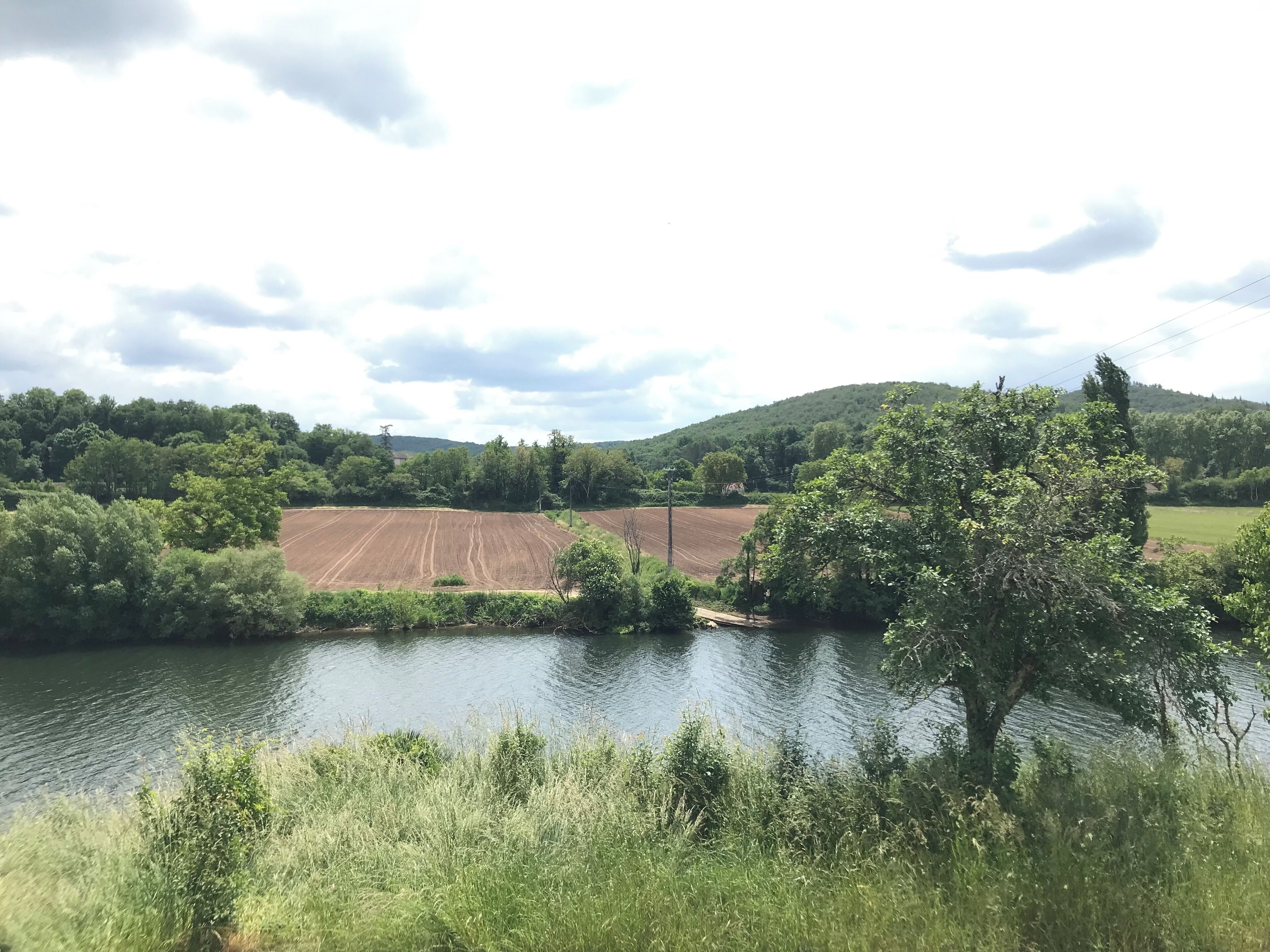 Une rivière bordée d’une zone boisée, avec des champs en arrière-plan.