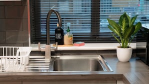 A kitchen with a stainless steel sink, a dish soap bottle, a sponge, and a potted plant. - Central Leicester Gem | Sleeps 5 | FREE PARKING (Leicester)