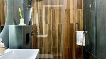 Regadera, secadora de cabello, toallas, jabón