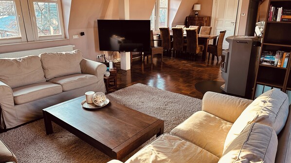 Smart TV, fireplace, DVD player, books