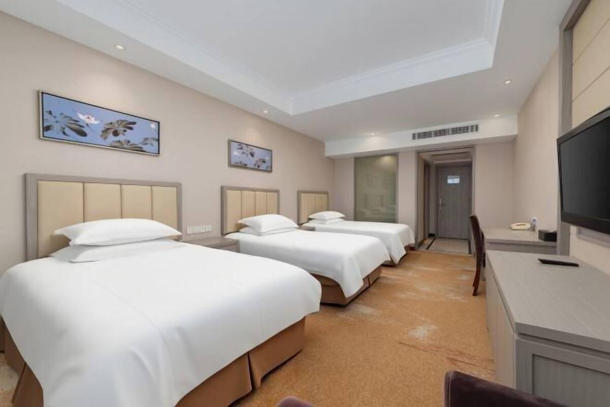 Een hotelkamer met drie bedden, een televisie en kunstwerken aan de muur.