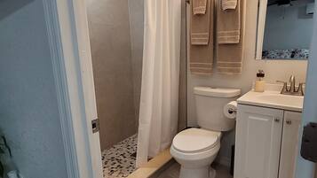 Shower, hair dryer, towels, toilet paper