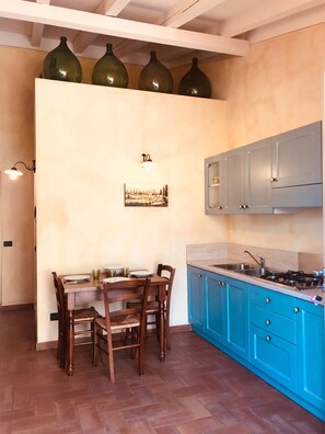 Fridge, stovetop, coffee/tea maker, electric kettle