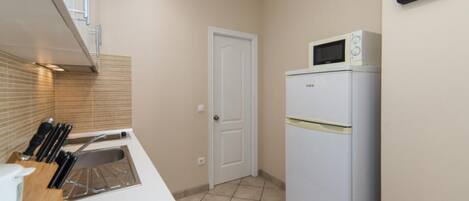 A compact kitchen with a microwave, a refrigerator, a sink, and a door.