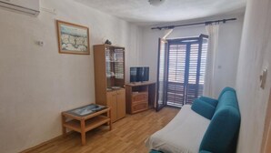Una habitación con suelo de madera, un sofá color turquesa, un televisor sobre un mueble de madera, un armario y una ventana con persianas.