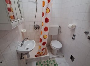Un bagno piccolo con il water, un lavandino e una doccia.