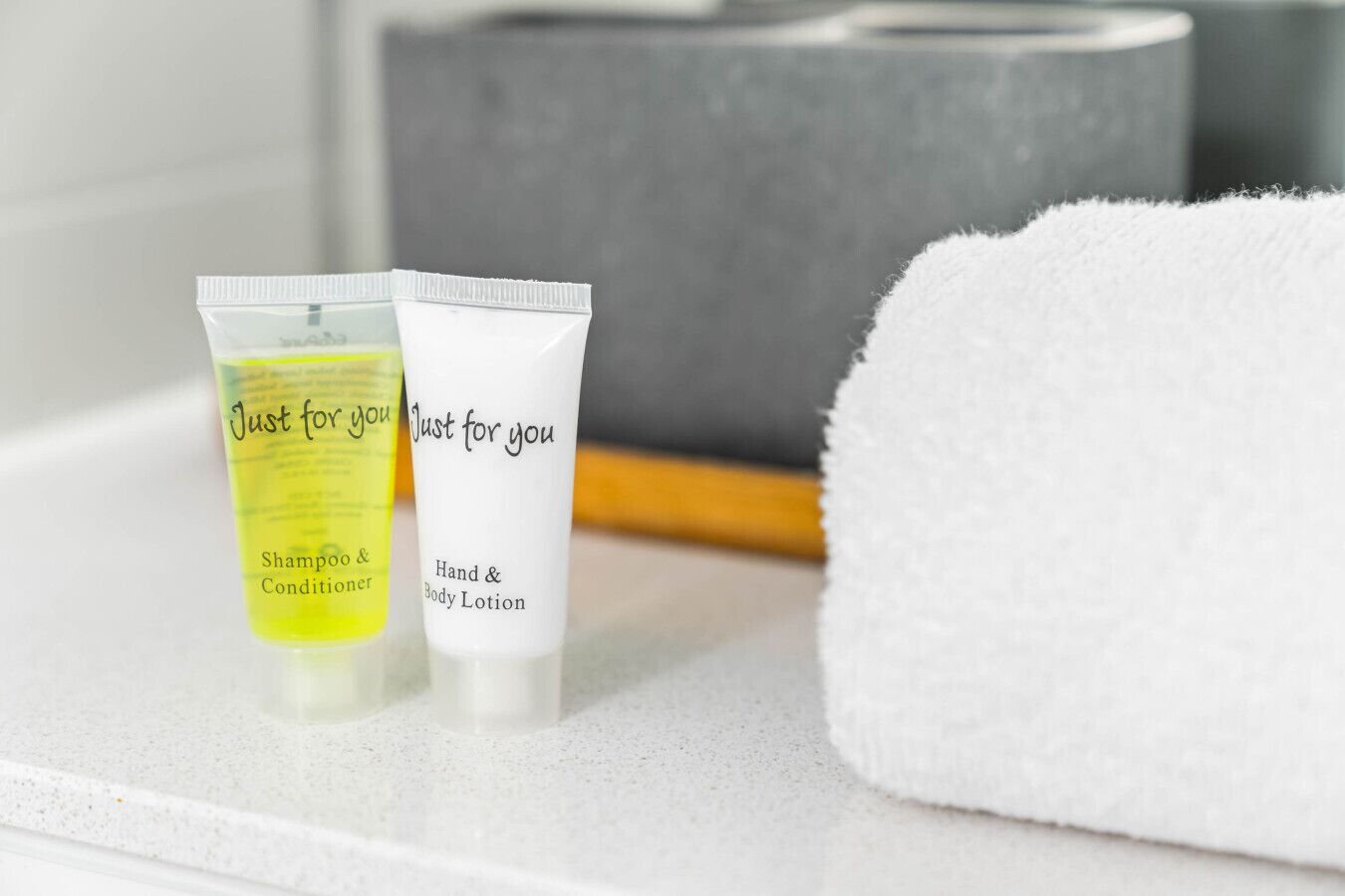 Two toiletries on a bathroom counter, one labeled 'Shampoo & Conditioner' and the other 'Hand & Body Lotion'.