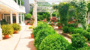 Un espace extérieur abrité, agrémenté de plantes en pot et doté d’un chemin.