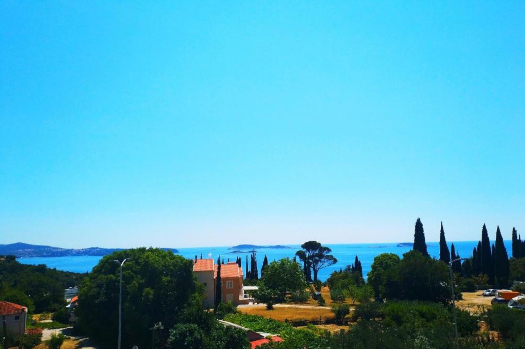 A coastal view with a clear blue sky, a building with a red roof, and tall cypress trees.