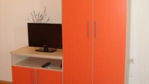 A room with a large orange wardrobe, a small TV on a shelf, and a plant on the floor. - Apartments Višnja - Classic One Bedroom Apartment (Klek)