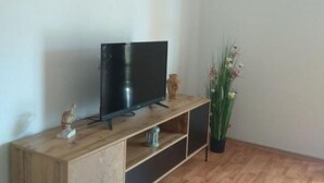 A flat-screen TV on a wooden stand with a shelf below, a small statue, and a potted plant with flowers.