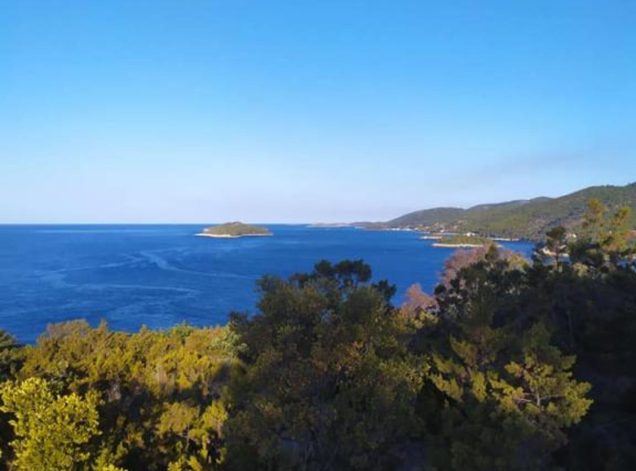 A coastal landscape with a clear view of the sea, a small island, and dense greenery.