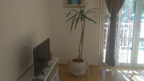 A living room with a flat-screen TV on a white cabinet, a potted plant, and a large window with curtains. - Seafront Charming Apartments Kosirina One Bedroom (Brna)