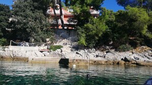 A waterfront property with a swimming pool, a staircase leading to a building with balconies, and surrounding trees. - Seafront Charming Apartments Kosirina Studio 4 (Brna)