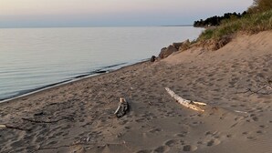 Una playa con cielo despejado, agua tranquila y arena con huellas.
