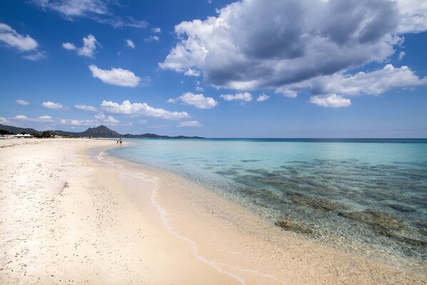 A beach with clear water, a sandy shore, and distant mountains.