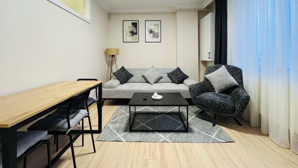 A modern living room with a sofa, armchair, coffee table, and a dining area with a table and chairs. - One-Bedroom Apartment in Taksim - No: 5 (Istanbul)