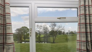 Una ventana con vista a un campo cubierto de césped y árboles.