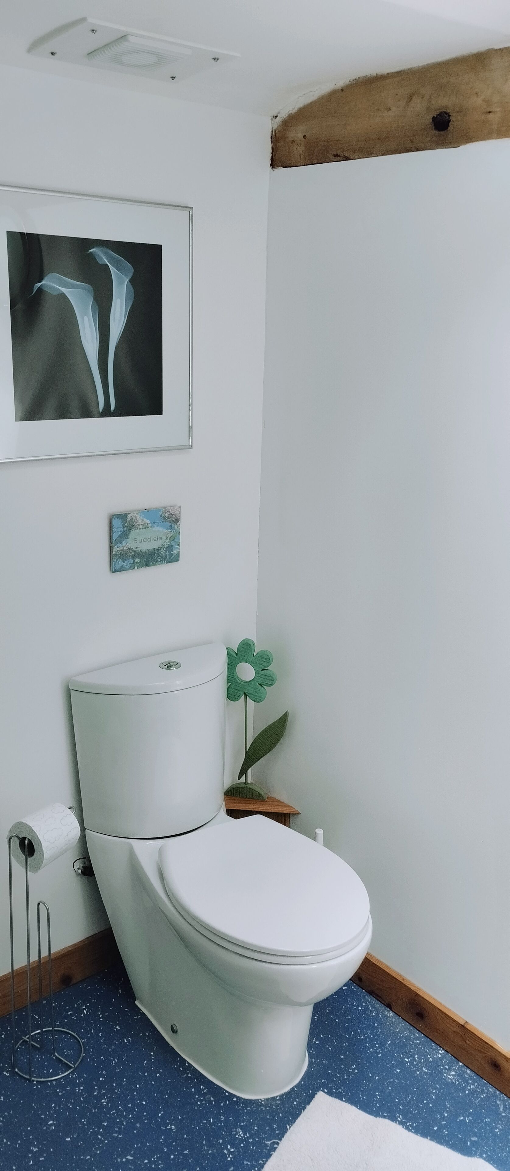 Ein Badezimmer mit einer weißen Toilette, einem gerahmten Kunstwerk darüber und einem kleinen dekorativen Gegenstand an der Wand.