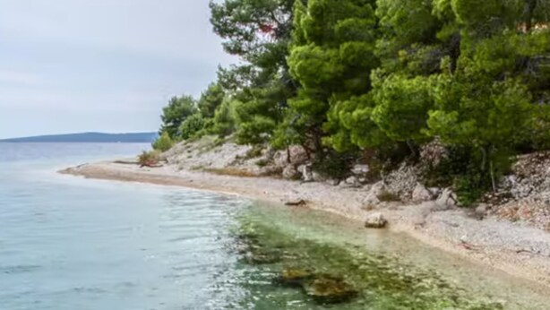 A coastal beach with clear shallow waters, rocky shoreline, and dense green trees. - Holiday Home House of the Sun (Sutivan)