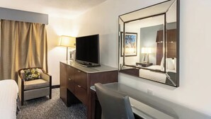 Une chambre d’hôtel comprenant un lit, un bureau avec une chaise, une télévision, un miroir et une lampe.