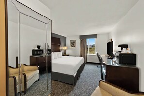 Una habitación de hotel con cama, escritorio, silla, televisor y espejo.