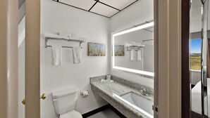 Ein modernes Badezimmer mit Toilette, Handtuchhalter, Waschbecken und einem großen Spiegel.