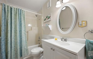 Hair dryer, towels, soap, shampoo