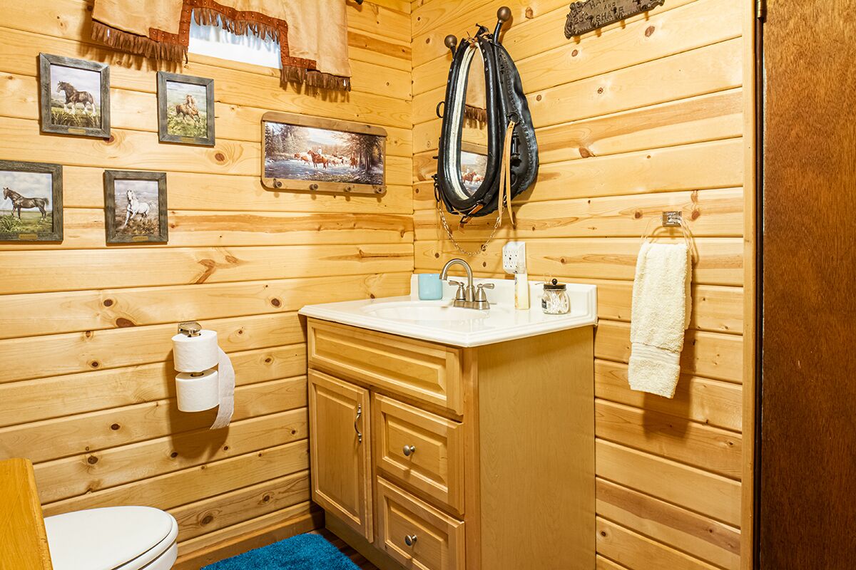 A wooden cabin bathroom with a toilet, sink, and wooden cabinets.