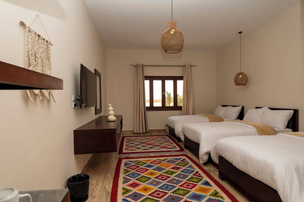 A hotel room with two beds, a TV, a wooden dresser, a colorful rug, and a hanging light fixture.