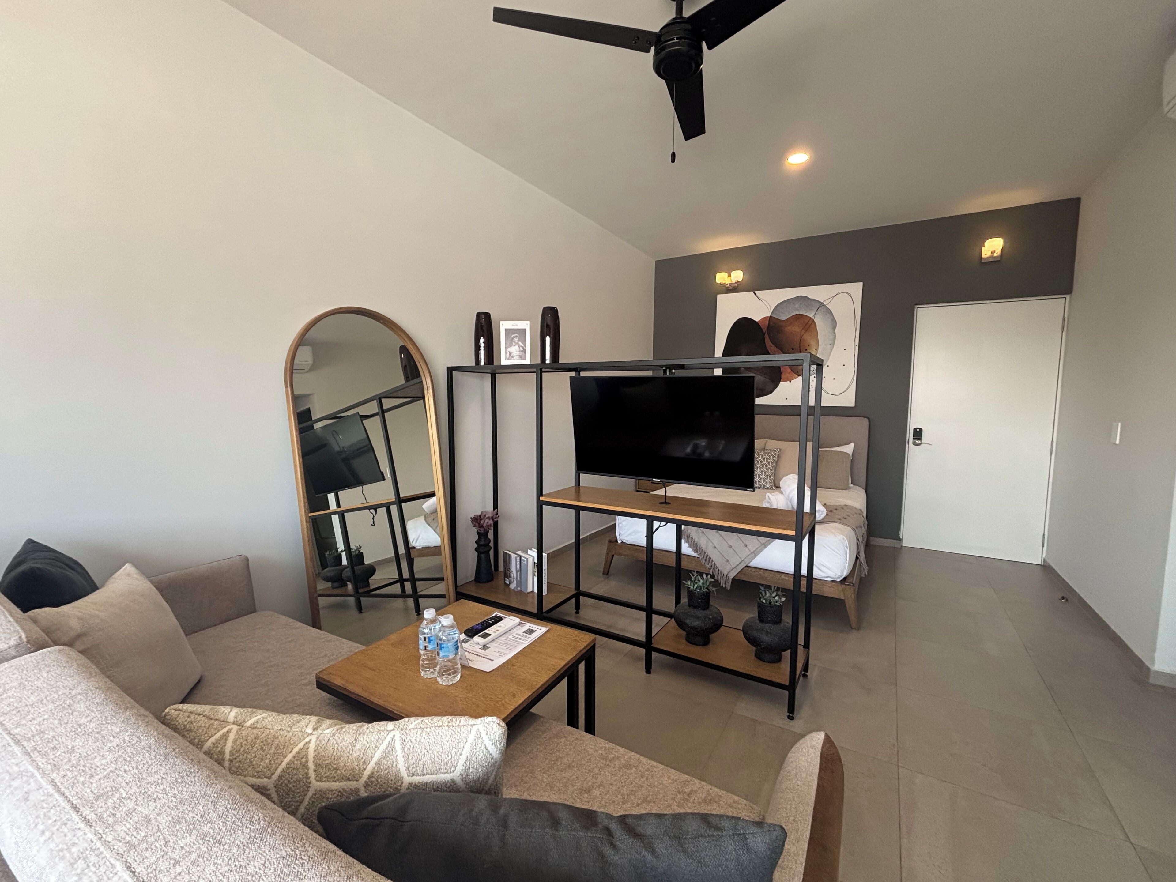 Een moderne woonkamer met een bank, salontafel, televisie en spiegel.