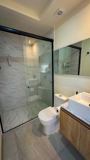 Shower, hair dryer, towels
