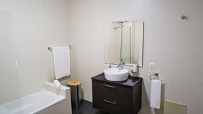 Hair dryer, bidet, towels, soap