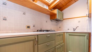 A kitchen with green cabinets, a white countertop, and a wooden ceiling. - La Casa di Elvira-Mansarda (Alleghe)