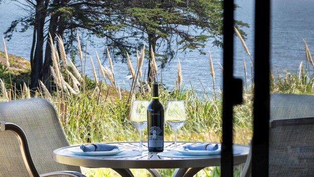A table with a bottle of wine and two glasses, set against a backdrop of a coastal view with tall grasses and a tree.