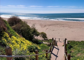 A beach with a wooden staircase leading down to the shore, surrounded by yellow flowers and greenery. - Seascape Dream! Bella Vista North Bluff Oasis (Aptos)