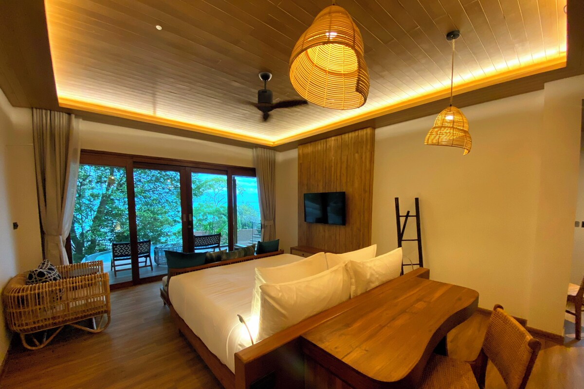 A modern bedroom with a large bed, wooden furniture, a television, and a view of the outdoors.
