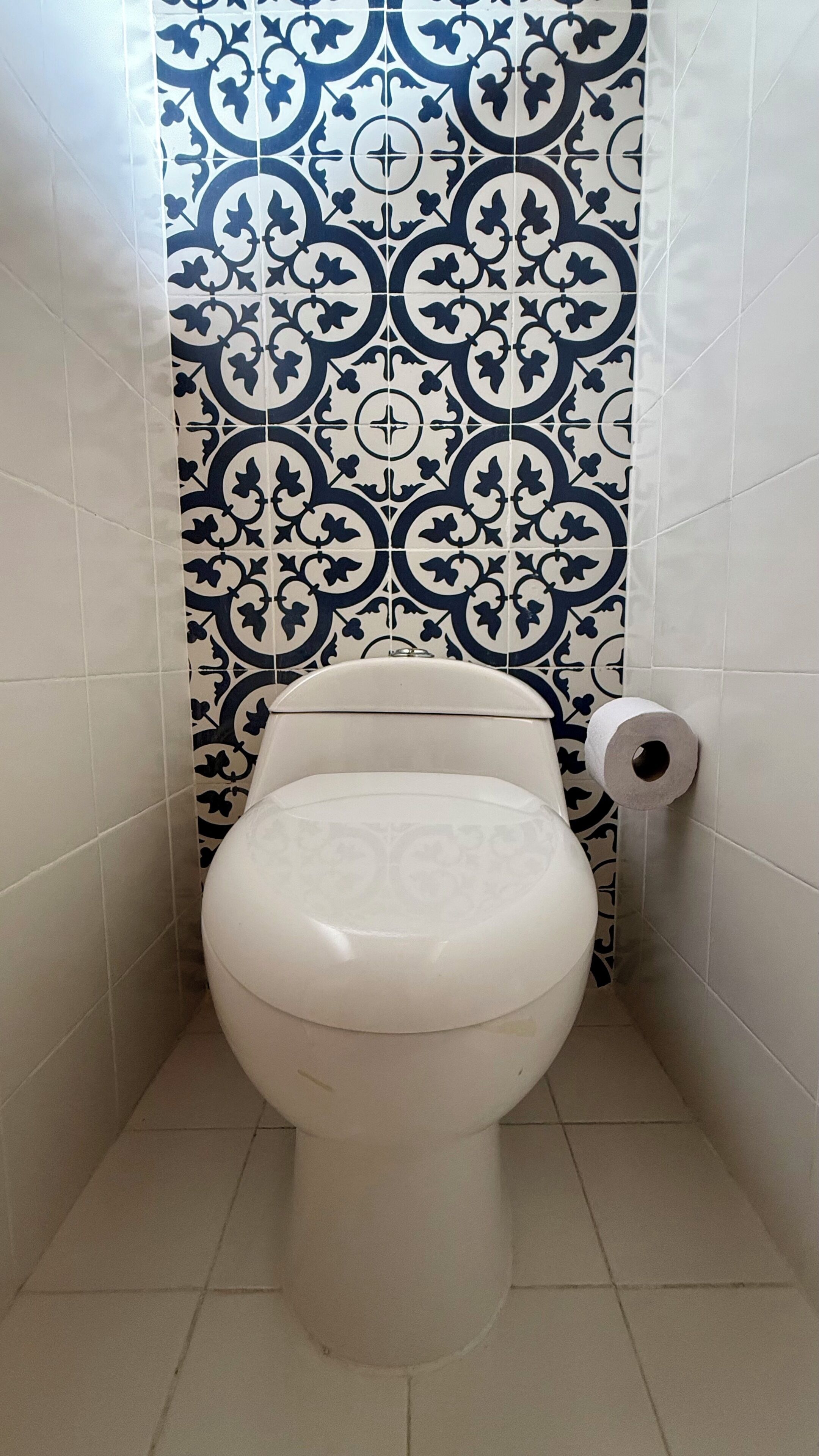 A bathroom with a toilet, patterned tiles, and a toilet paper roll.