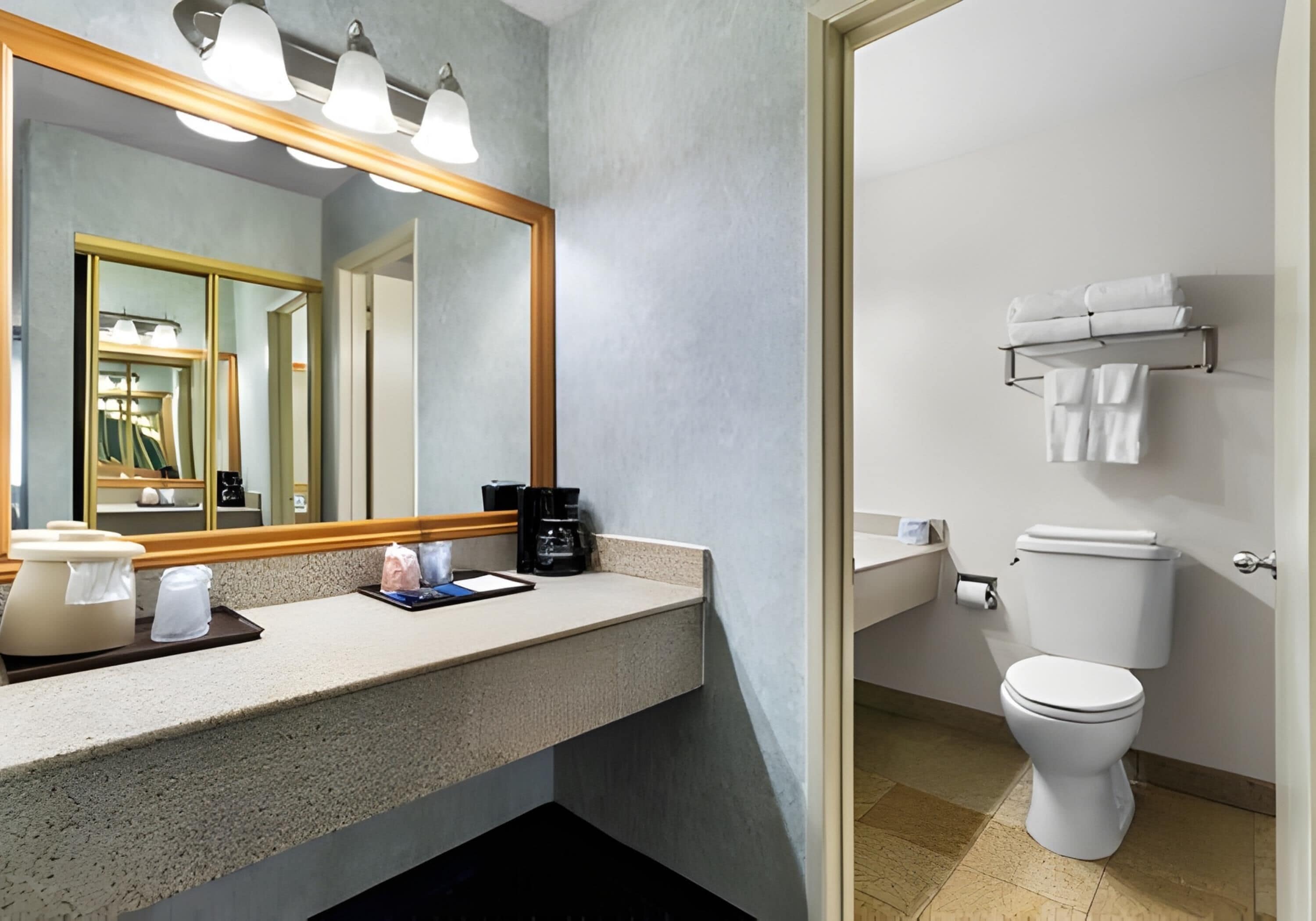 A bathroom with a sink, mirror, and toilet.