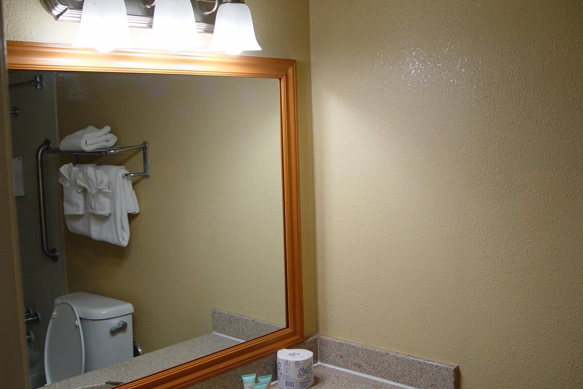 Un baño con espejo, toallero, inodoro y un rollo de papel higiénico.
