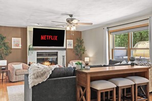 TV, fireplace, offices